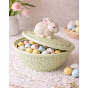 Vintage Hallmark Easter Bunny Candy Dish With Lid Rabbit Green Wicker Basket
